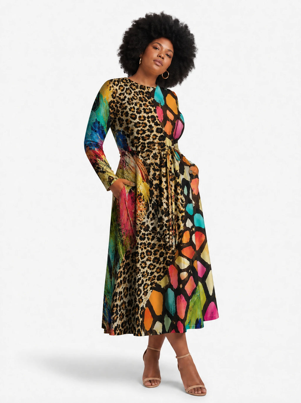 "Fahari" Long Sleeve Midaxi Dress — three-quarter view on model, hand in the side pocket