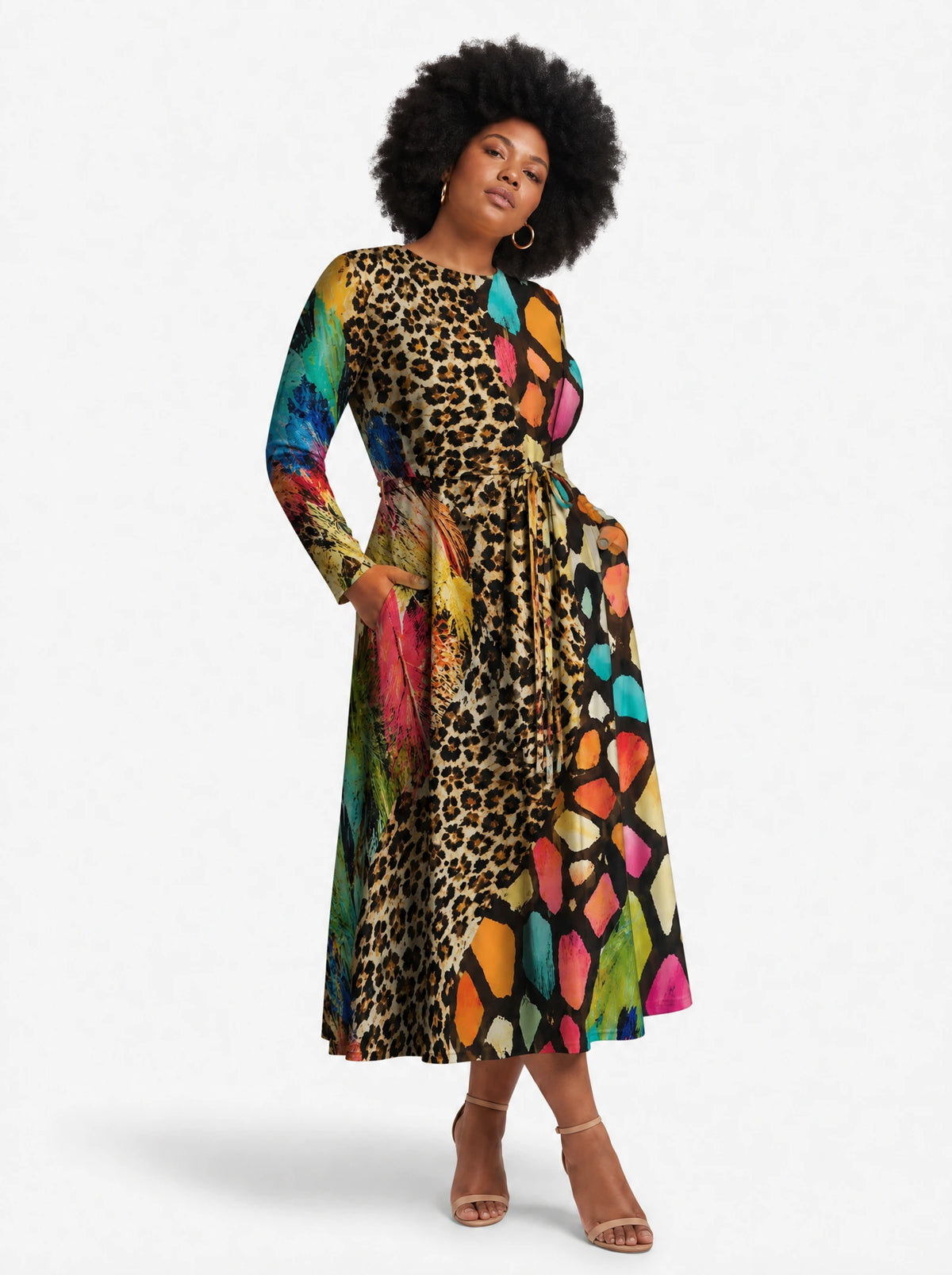 "Fahari" Long Sleeve Midaxi Dress — three-quarter view on model, hand in the side pocket
