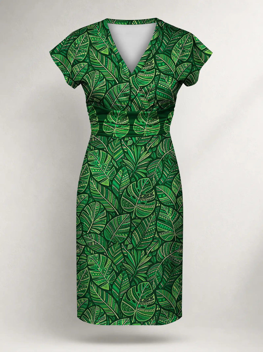 "Asili Emerald" Cap Sleeve Midi Dress — flat design, front