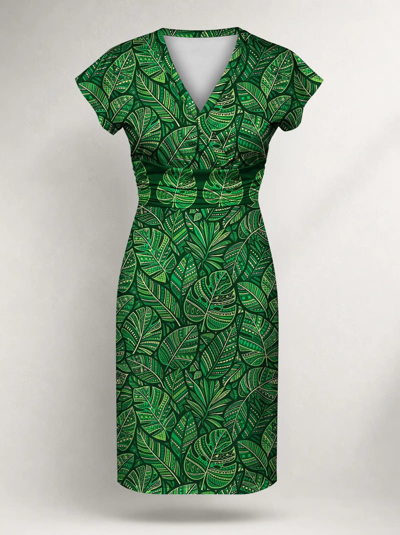 "Asili Emerald" Cap Sleeve Midi Dress — flat design, front
