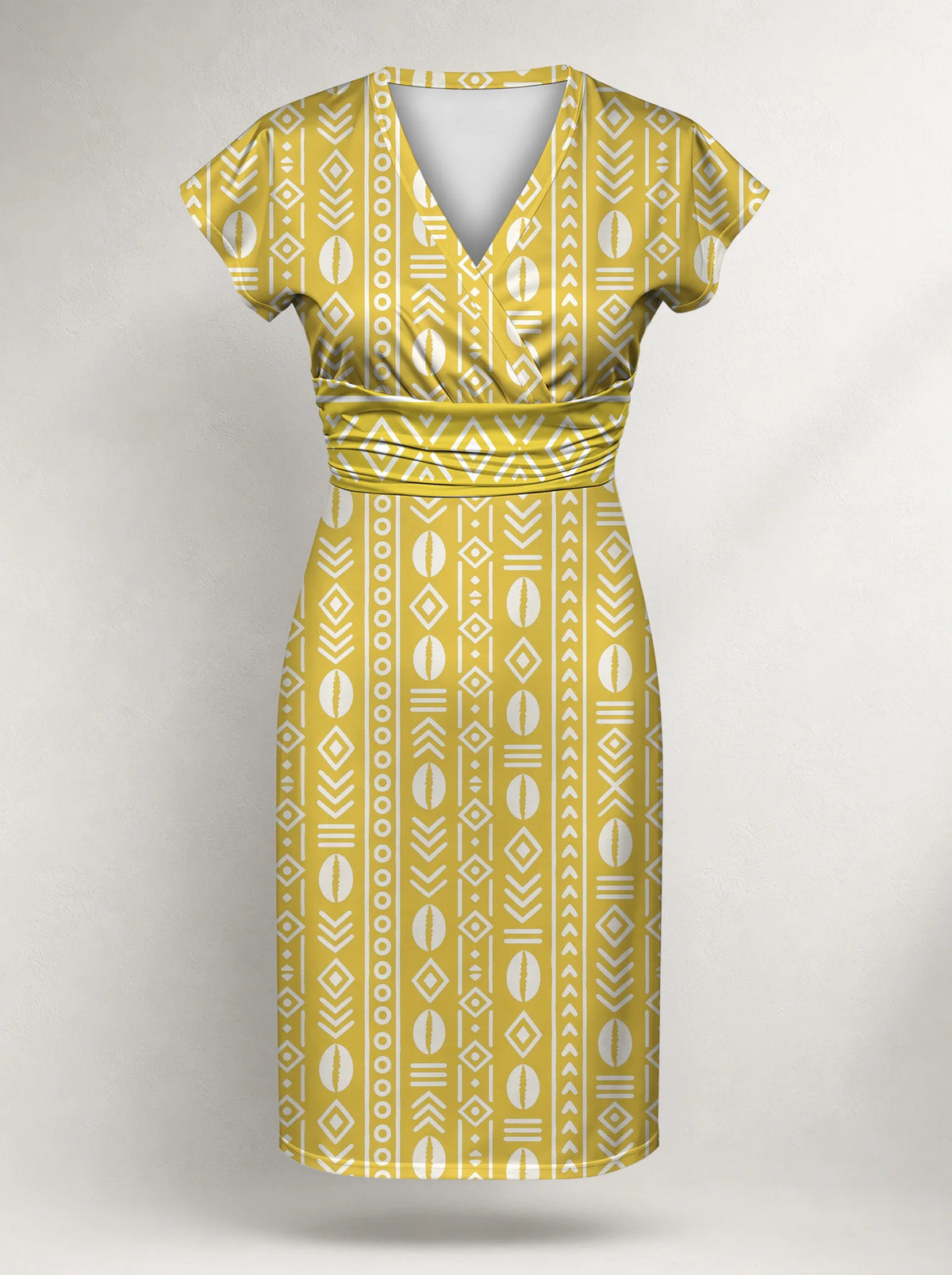 "Oshun Dhahabu" Cap Sleeve Midi Dress — flat design, front