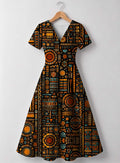 "Afrocentric Pattern" V Neck Midi Dress