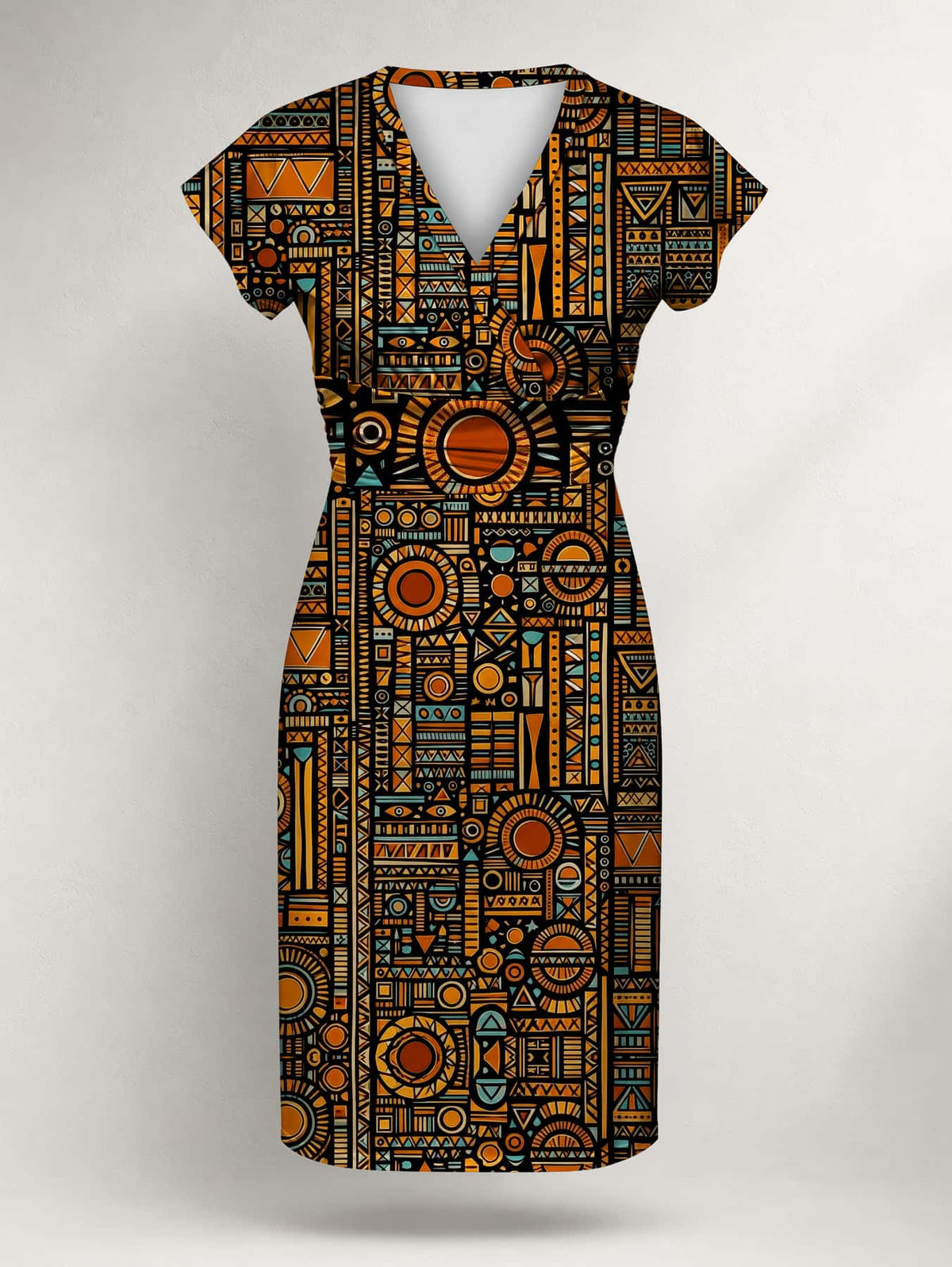 "Afrocentric Pattern" Cap Sleeve Midi Dress