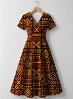 "Mudcloth" V Neck Midi Dress