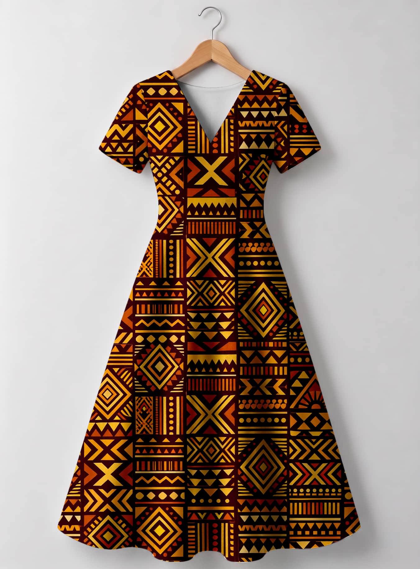 "Mudcloth" V Neck Midi Dress