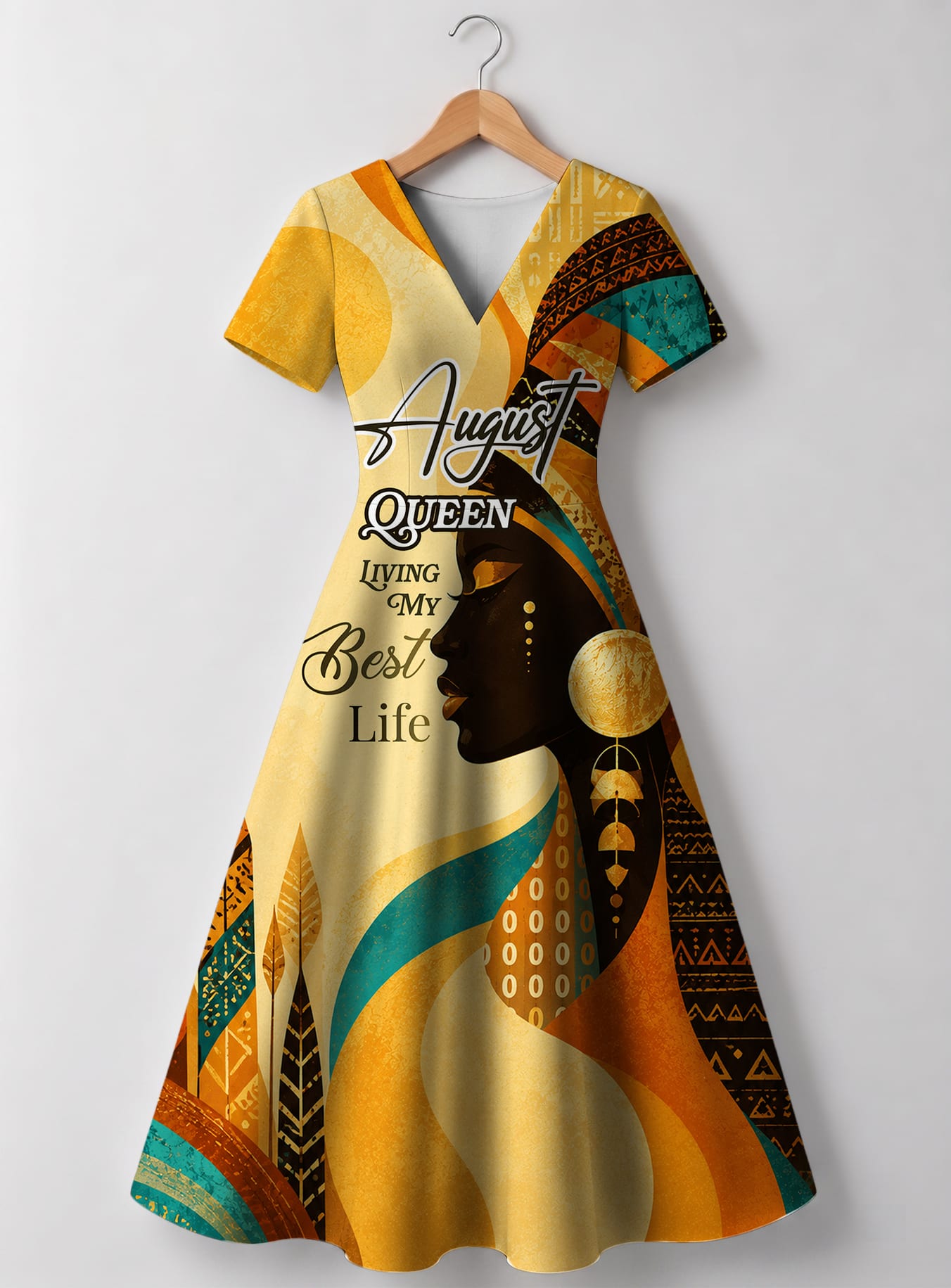 "August Queen Best Life" V Neck Midi Dress