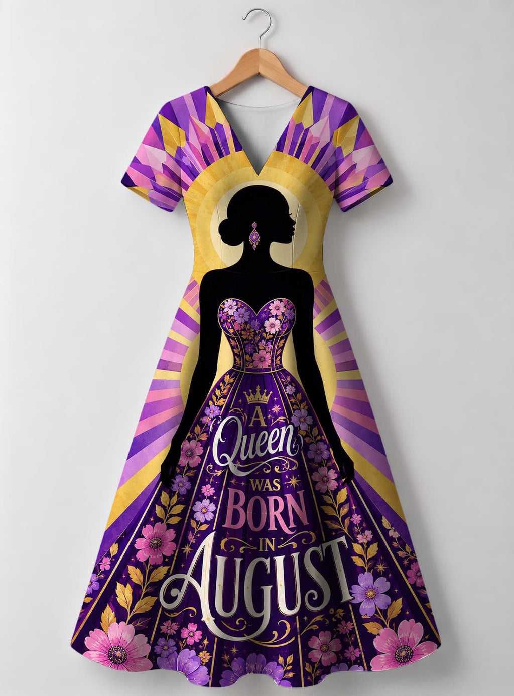 "August Queen Purple Bloom" V Neck Midi Dress