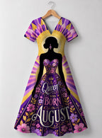 "August Queen Purple Bloom" V Neck Midi Dress