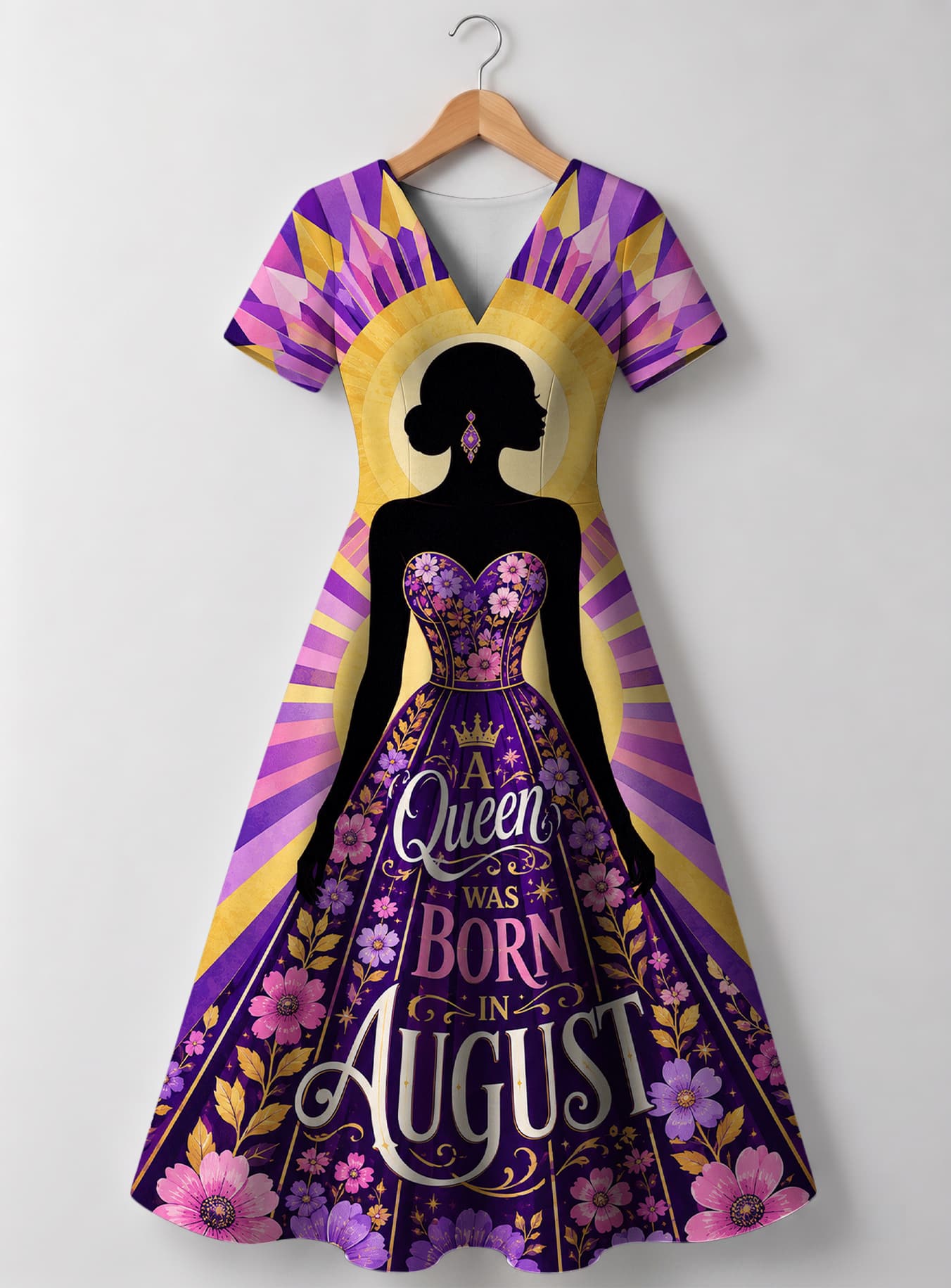 "August Queen Purple Bloom" V Neck Midi Dress