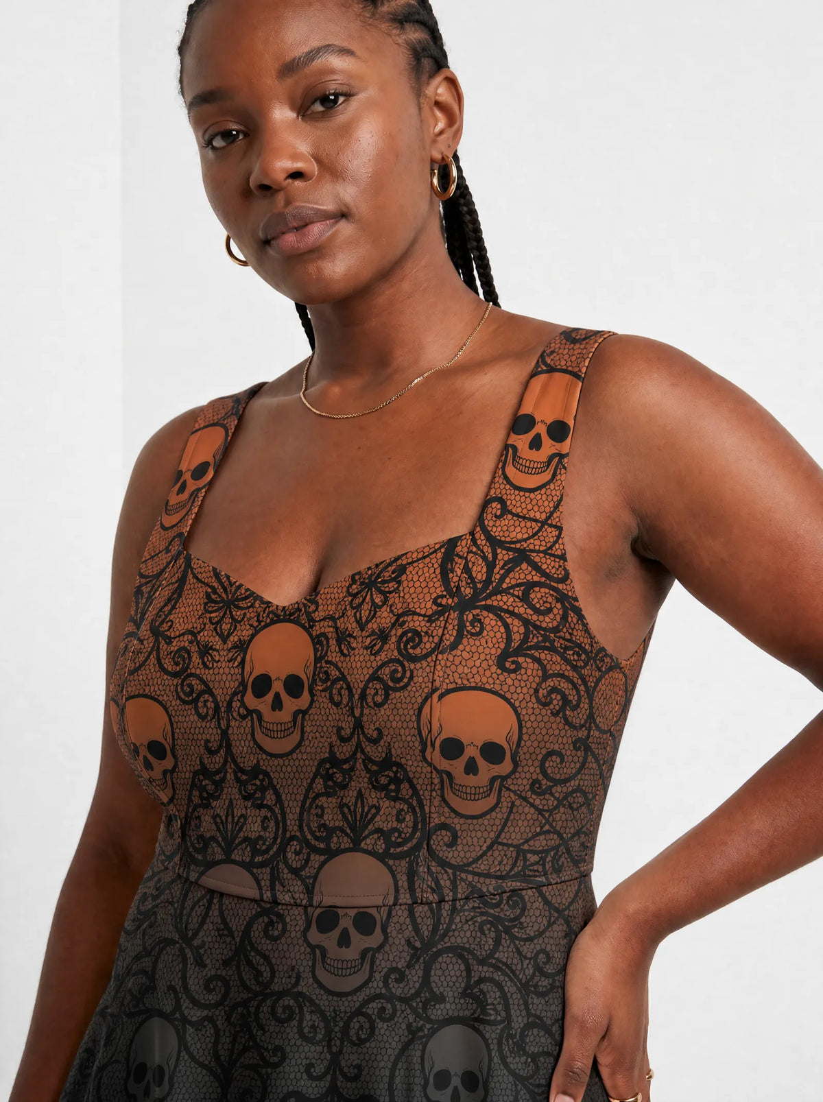 "Fuvu" Halloween Corset Dress — close-up of the sweetheart neckline and shoulder strap