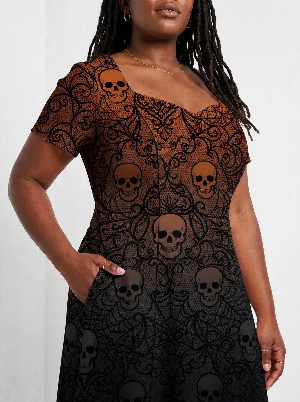 "Fuvu" Halloween Sweetheart Midi Dress — close-up of the bodice and the in-seam side pocket