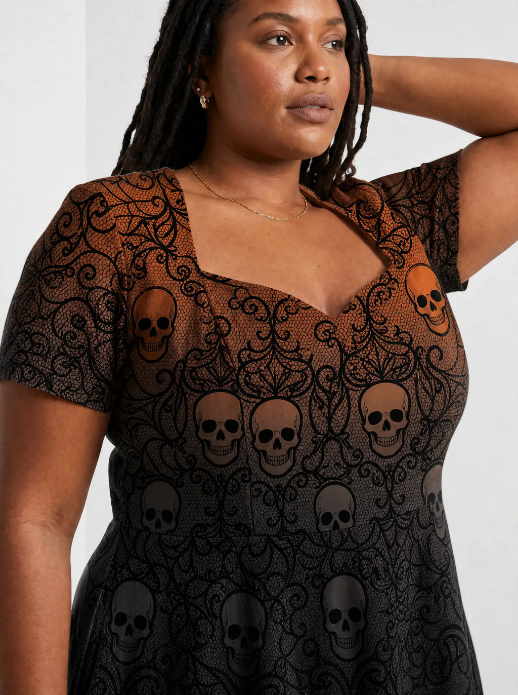 "Fuvu" Halloween Sweetheart Midi Dress — close-up of the sweetheart neckline and short sleeve