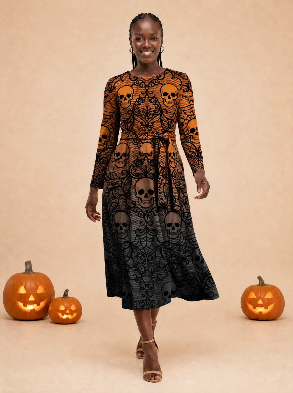 "Fuvu" Halloween Long Sleeve Midaxi Dress — front view on model