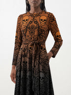 "Fuvu" Halloween Long Sleeve Midaxi Dress — close-up of the tie sash and the in-seam side pocket