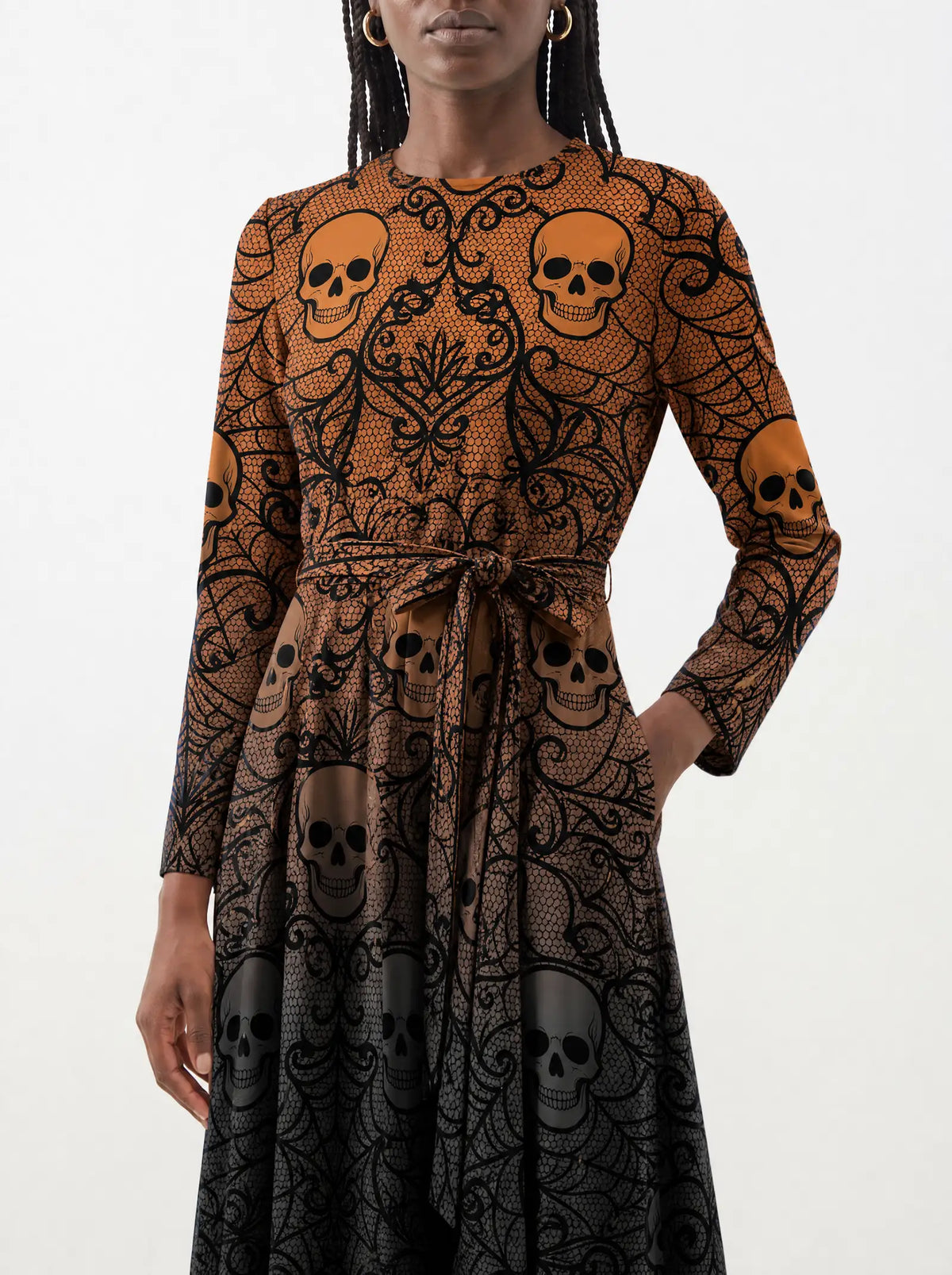 "Fuvu" Halloween Long Sleeve Midaxi Dress — close-up of the tie sash and the in-seam side pocket