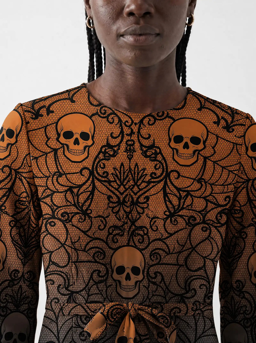 "Fuvu" Halloween Long Sleeve Midaxi Dress — close-up of the round neckline and long sleeve