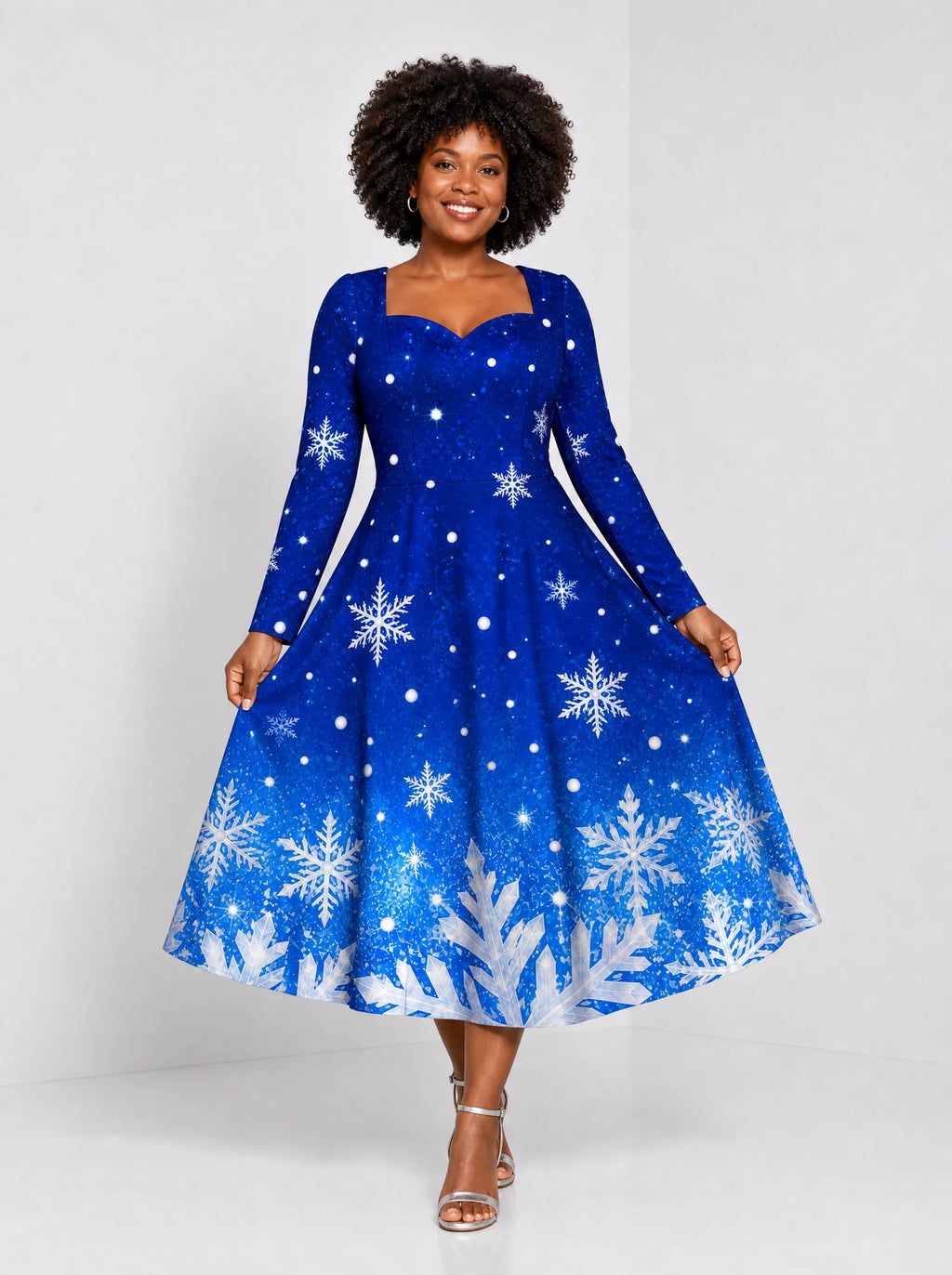 "Fuwele" Long Sleeve Sweetheart Midi Dress — front view on model