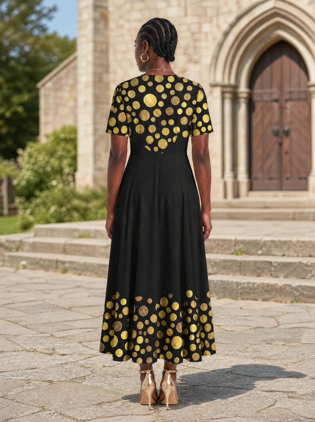 "Giza" Short Sleeve Maxi Dress — back view on model in the churchyard