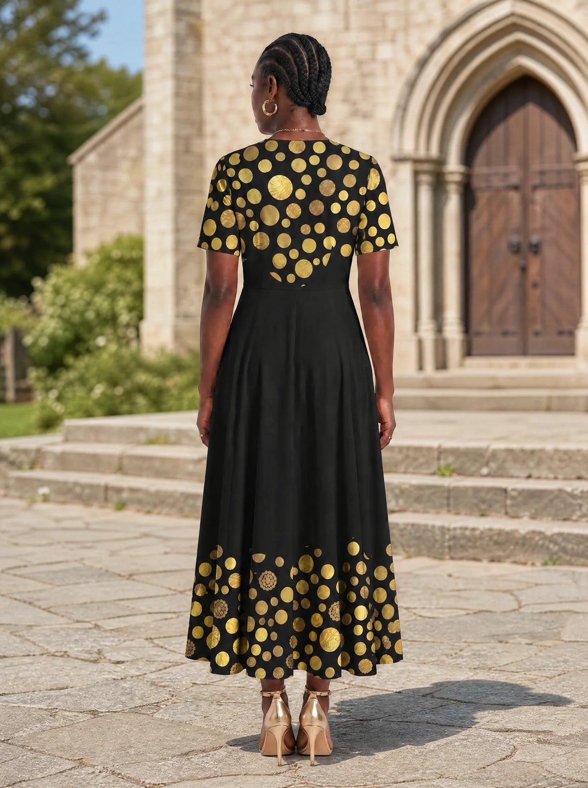 "Giza" Short Sleeve Maxi Dress — back view on model in the churchyard