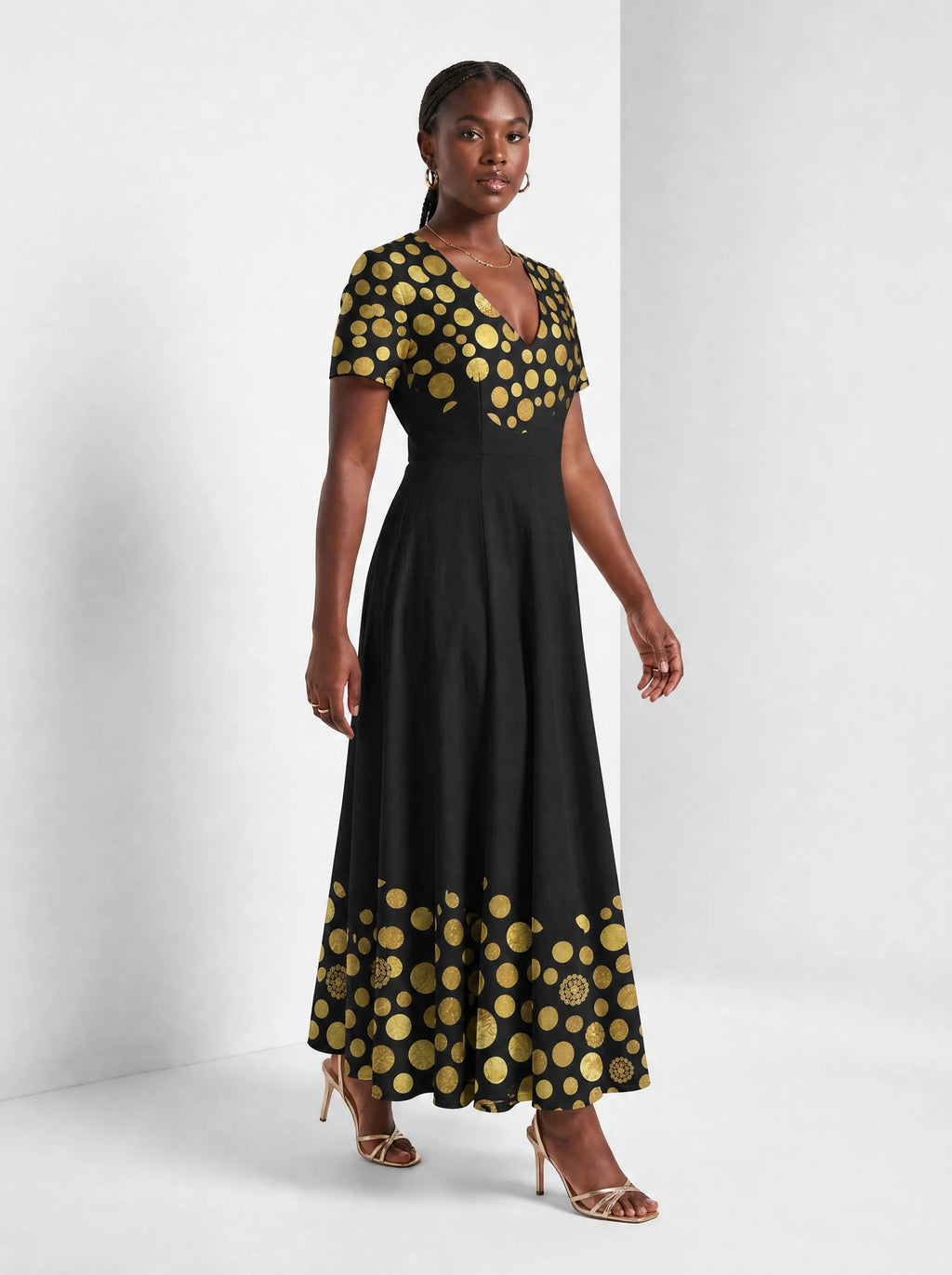 "Giza" Short Sleeve Maxi Dress — walking, three-quarter view on model