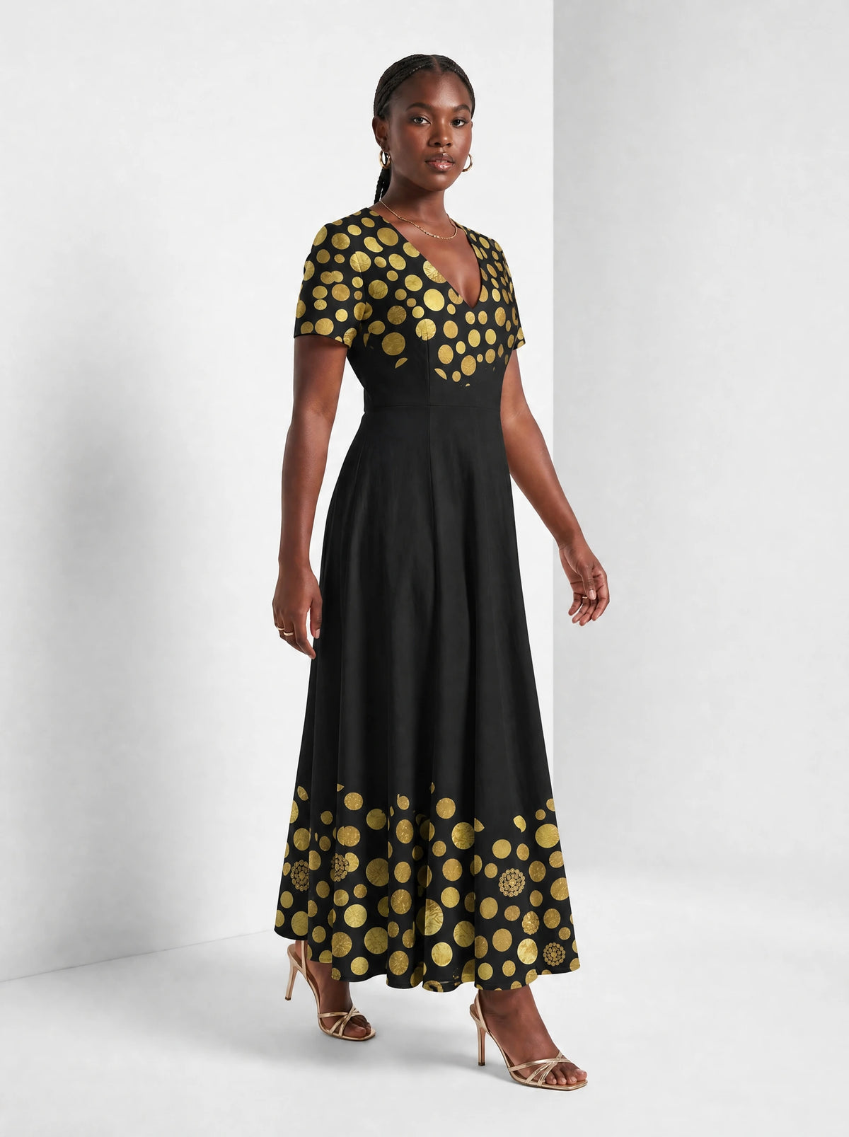 "Giza" Short Sleeve Maxi Dress — walking, three-quarter view on model