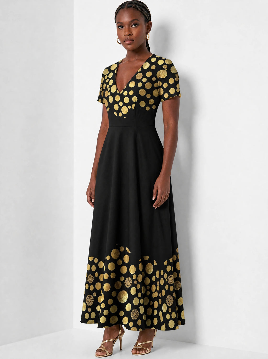"Giza" Short Sleeve Maxi Dress — three-quarter view on model