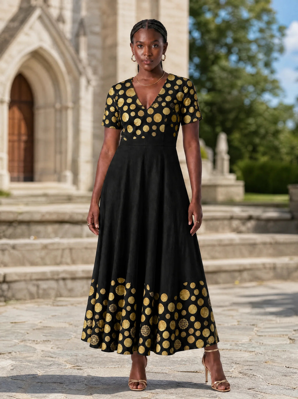 "Giza" Short Sleeve Maxi Dress — front view on model in the churchyard