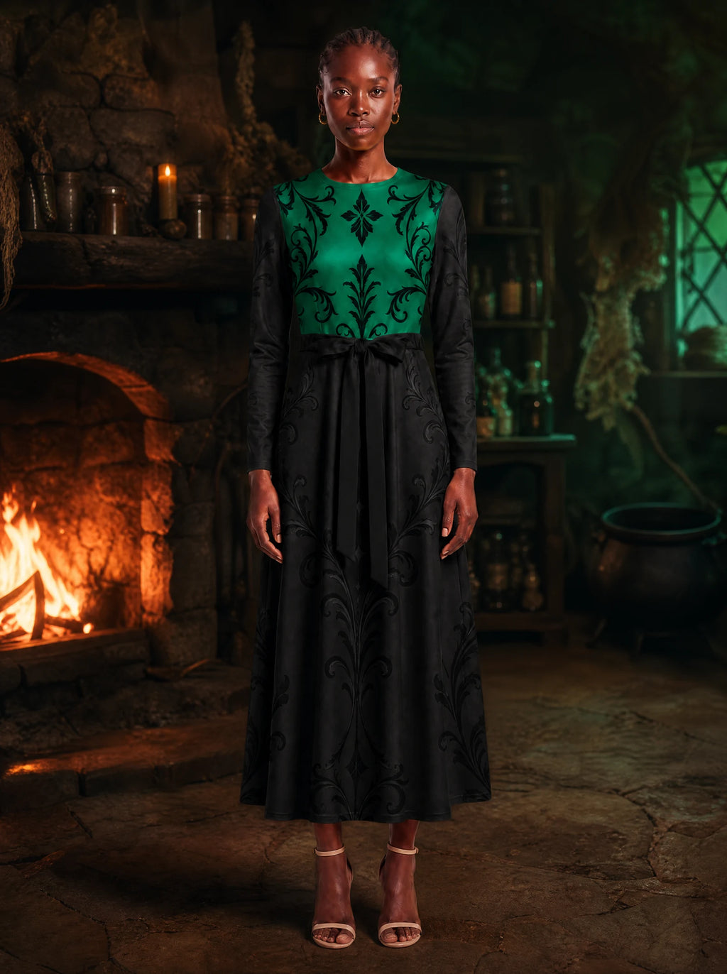 "Green Witch" Long Sleeve Midaxi Dress — front view on model, styled scene