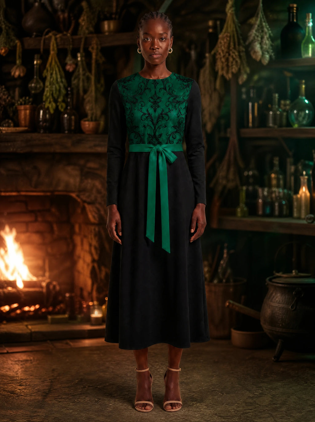 "Green Witch" Long Sleeve Midaxi Dress