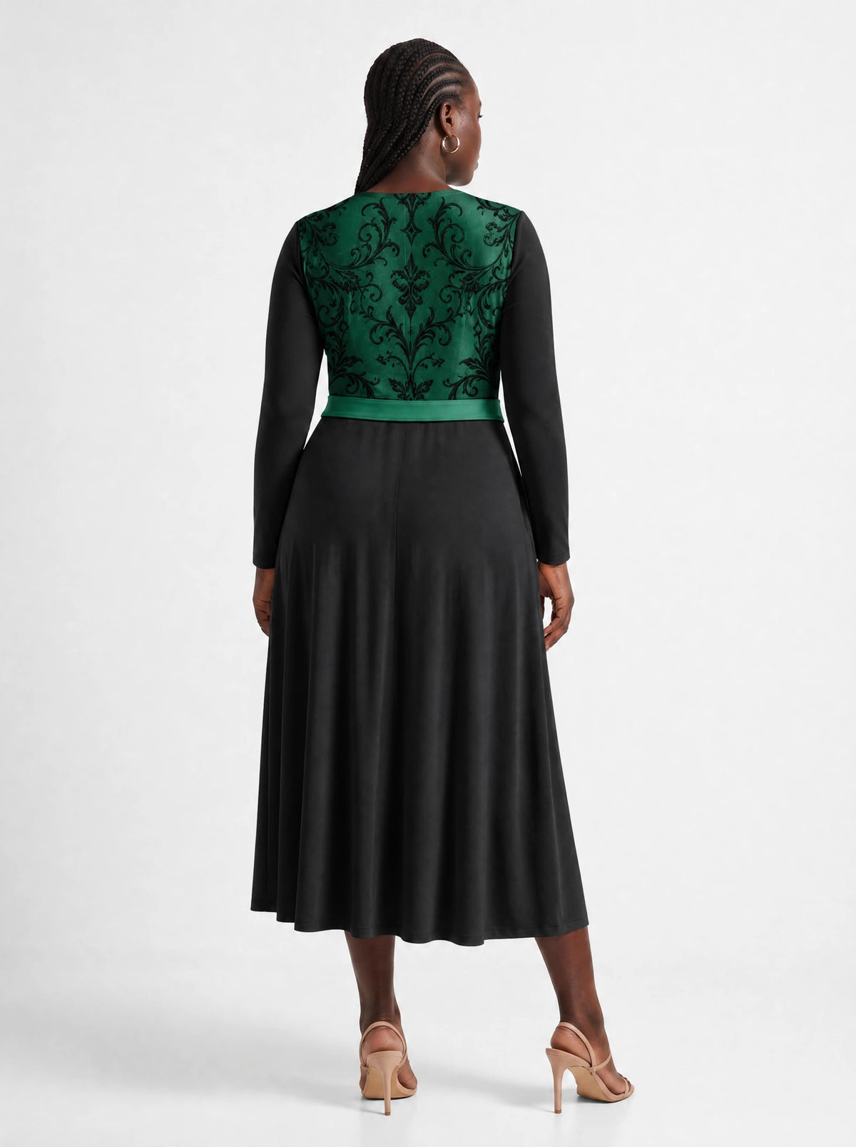 "Green Witch" Long Sleeve Midaxi Dress — back view on model