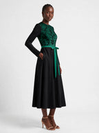 "Green Witch" Long Sleeve Midaxi Dress — walking, three-quarter view on model