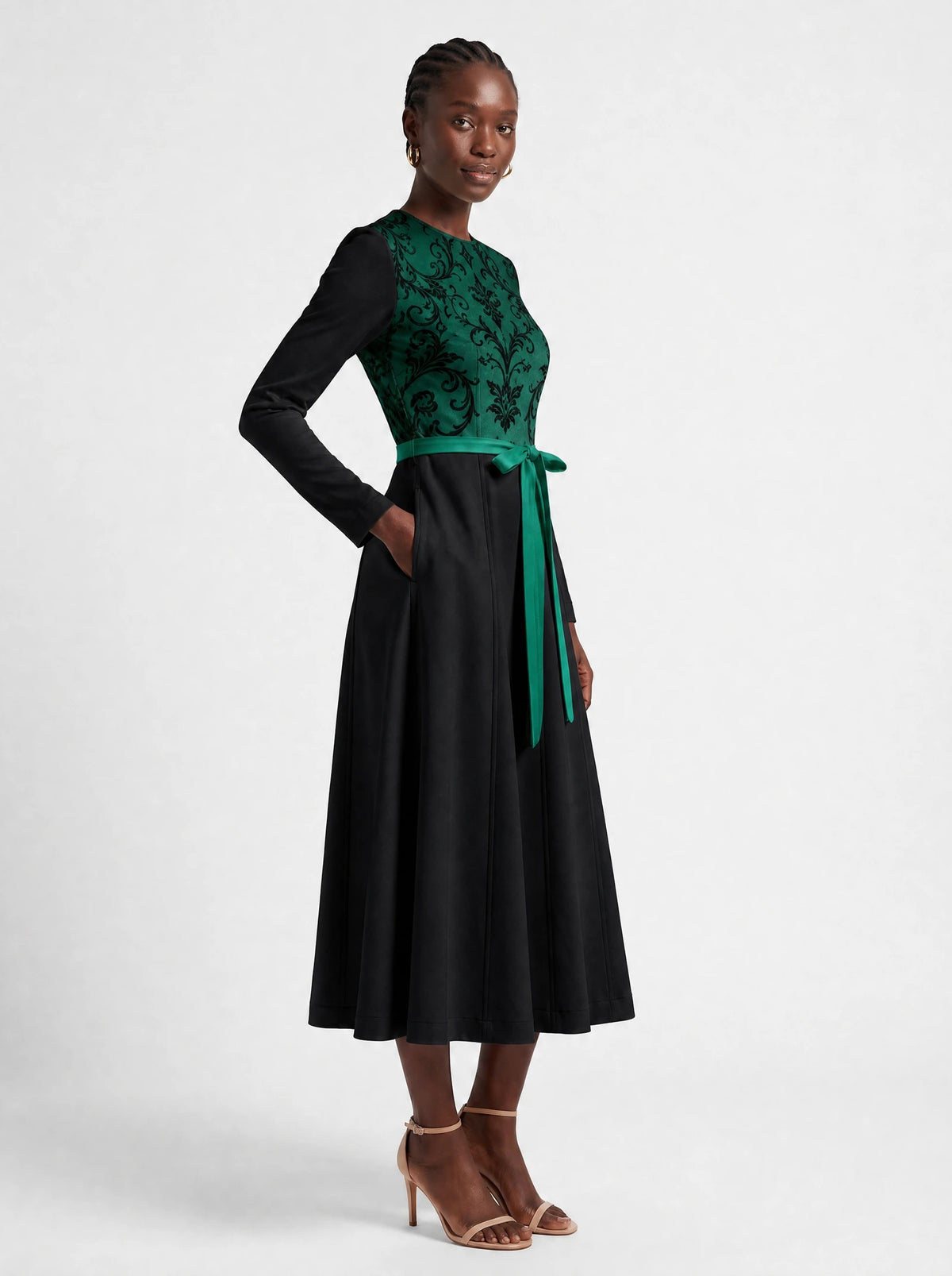 "Green Witch" Long Sleeve Midaxi Dress — walking, three-quarter view on model