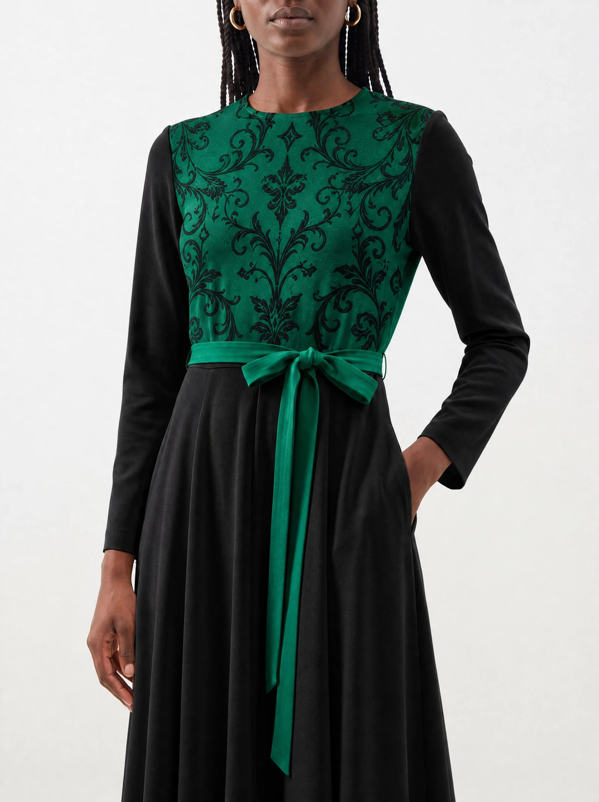 "Green Witch" Long Sleeve Midaxi Dress — standing, angled view on model