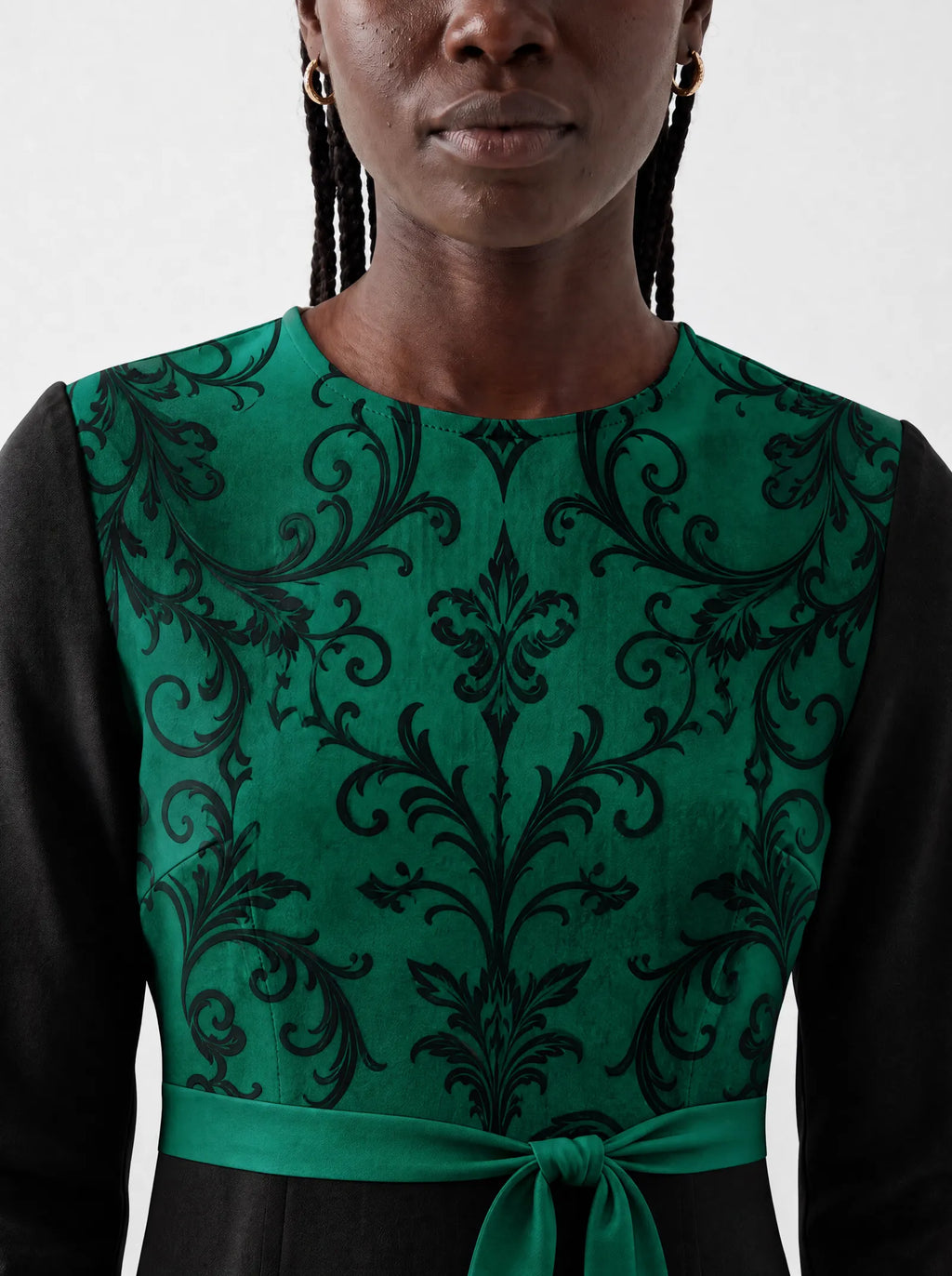 "Green Witch" Long Sleeve Midaxi Dress — three-quarter view on model