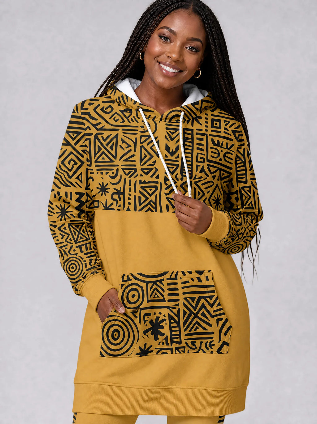 "Haradali" Hoodie Dress — close-up on model, styled with the matching leggings