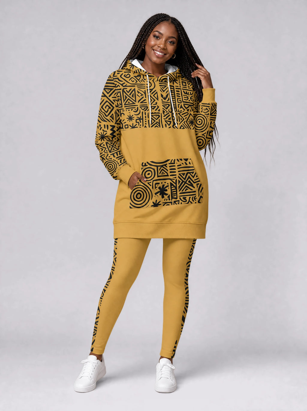 "Haradali" Leggings — full length on model, styled with the matching hoodie dress