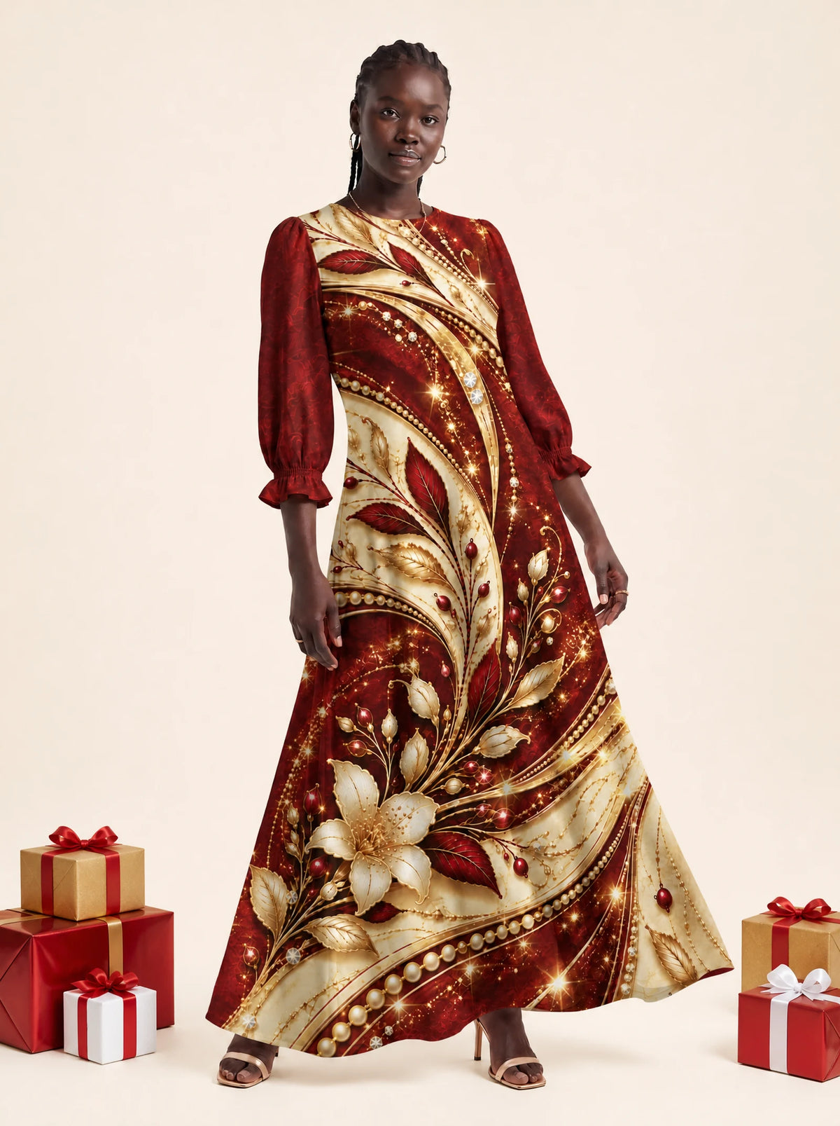 "Hariri" Long Sleeve Maxi Dress — on model, Christmas backdrop