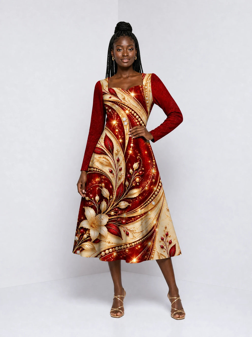 "Hariri" Long Sleeve Sweetheart Midi Dress — front view on model