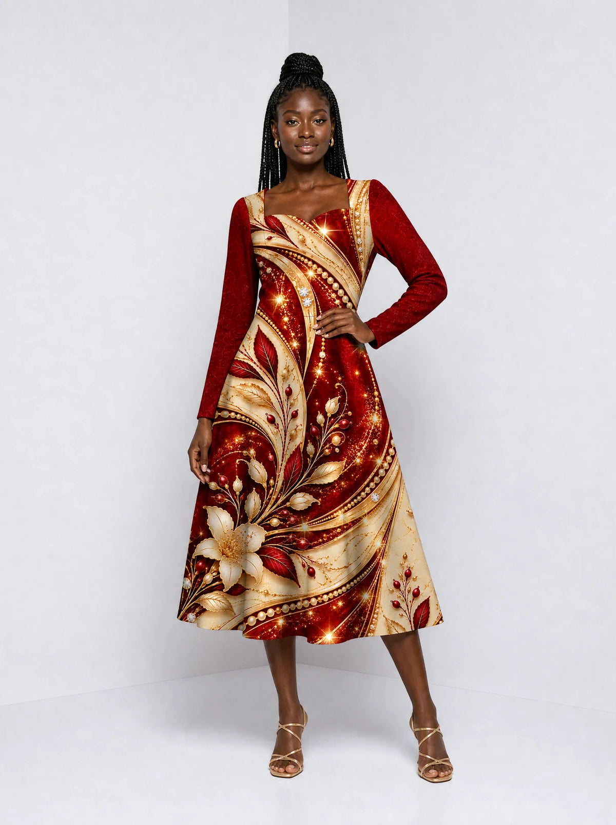 "Hariri" Long Sleeve Sweetheart Midi Dress — front view on model