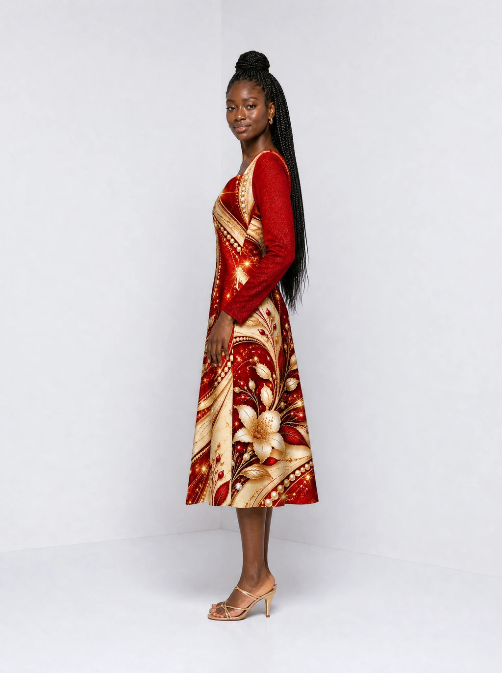 "Hariri" Long Sleeve Sweetheart Midi Dress — side view on model