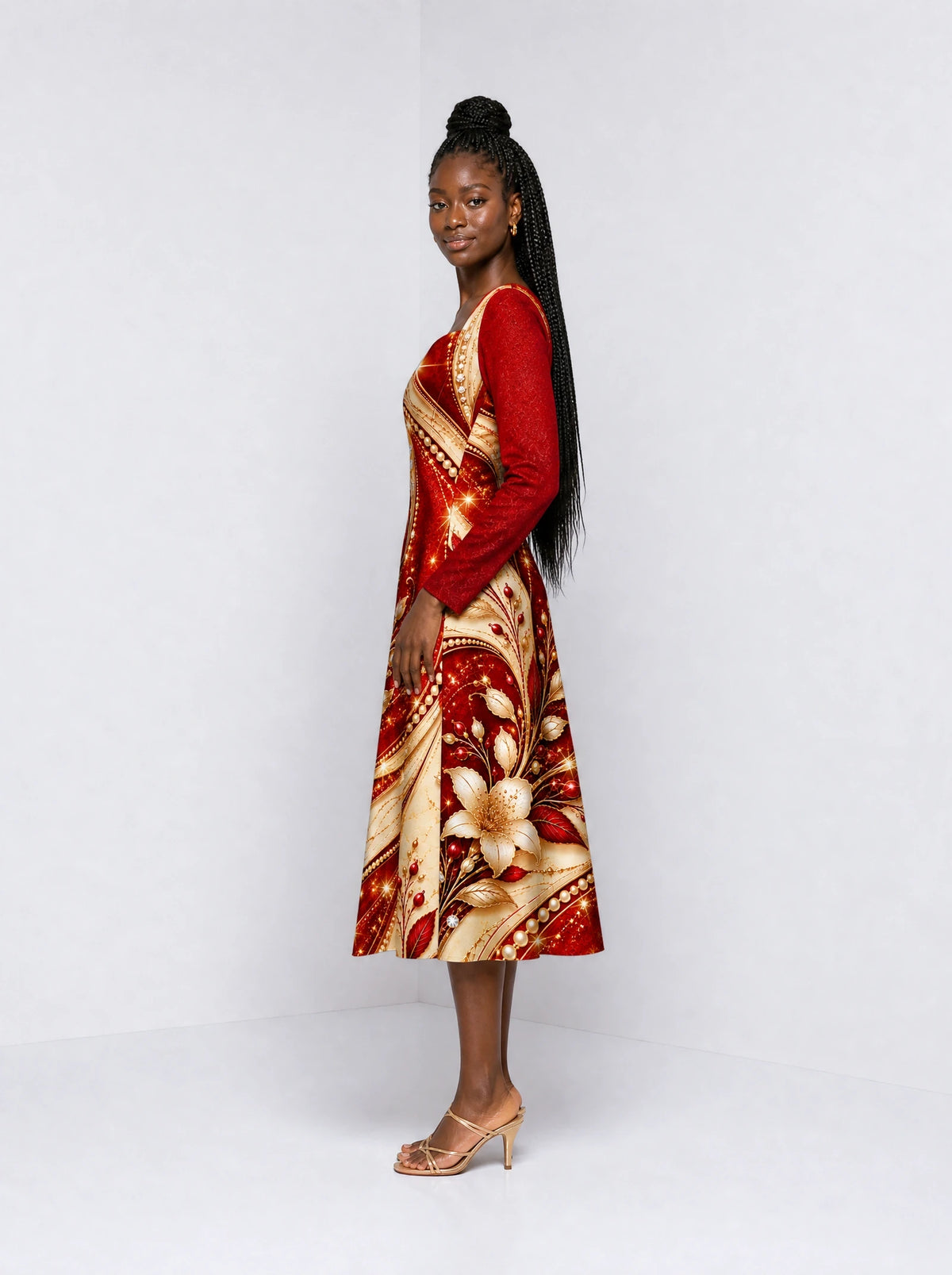 "Hariri" Long Sleeve Sweetheart Midi Dress — side view on model