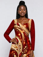 "Hariri" Long Sleeve Sweetheart Midi Dress — print close-up on model