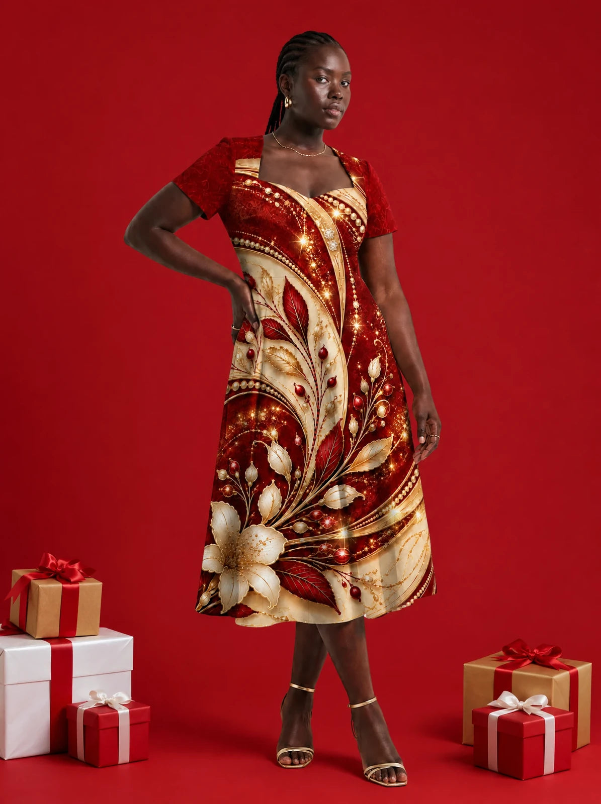 "Hariri" Sweetheart Midi Dress — on model, Christmas backdrop