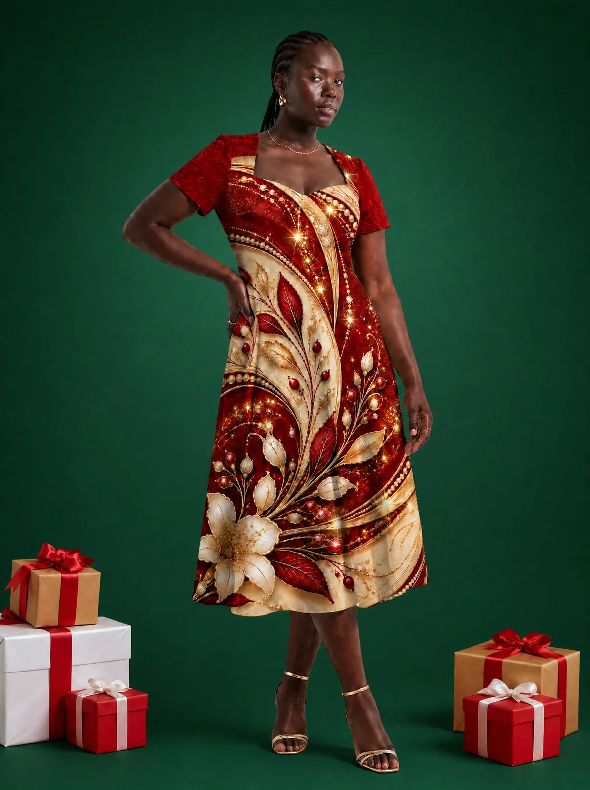 "Hariri" Sweetheart Midi Dress — on model, Christmas backdrop