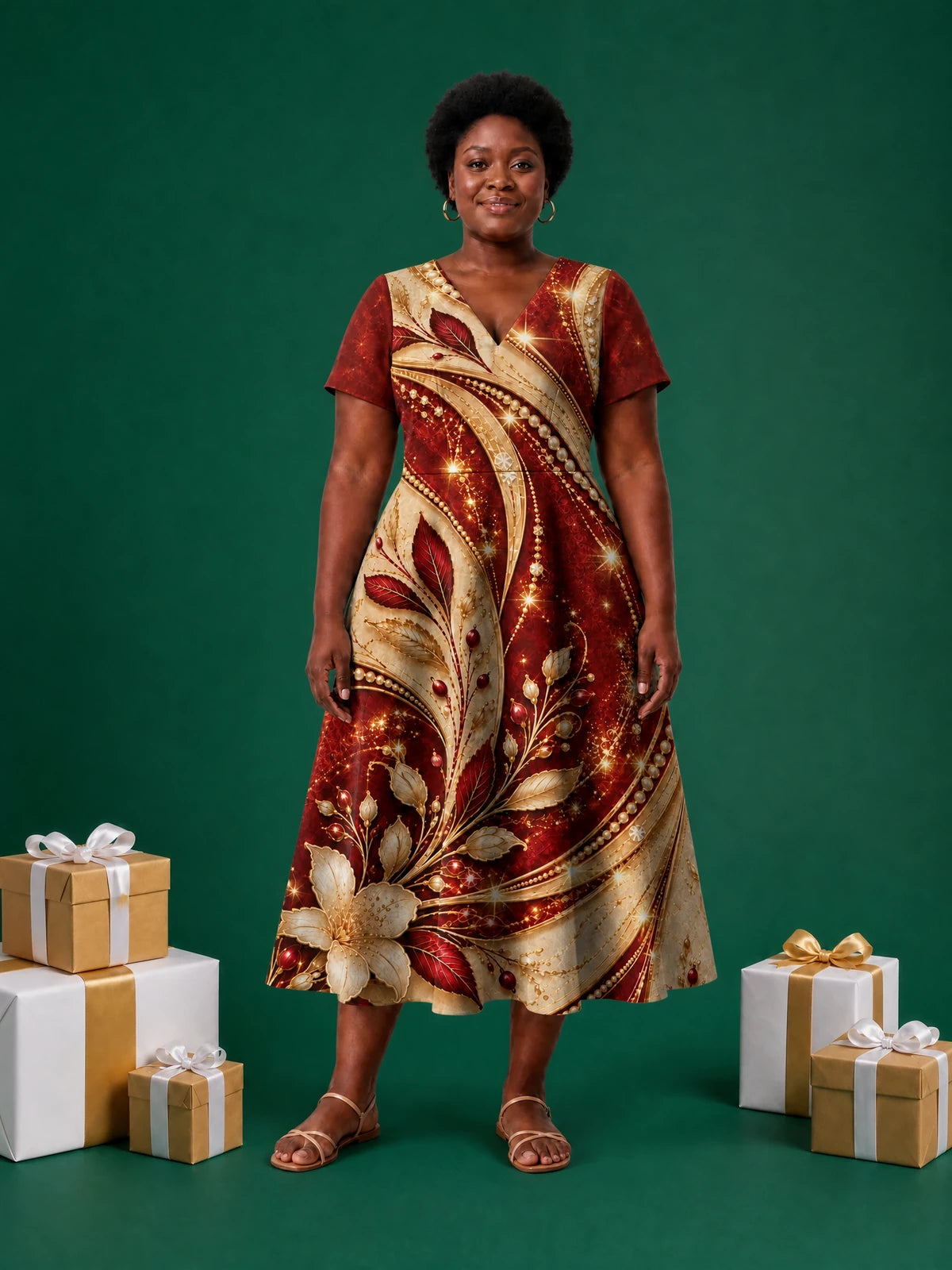 "Hariri" V Neck Midi Dress — on model, Christmas backdrop