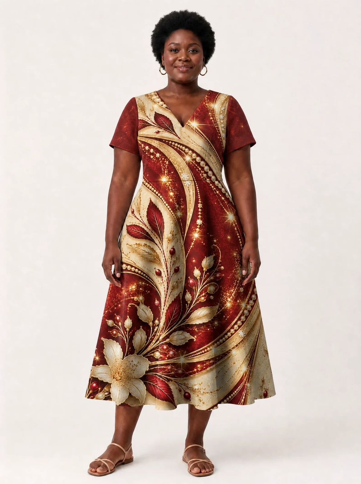 "Hariri" V Neck Midi Dress — front view on model