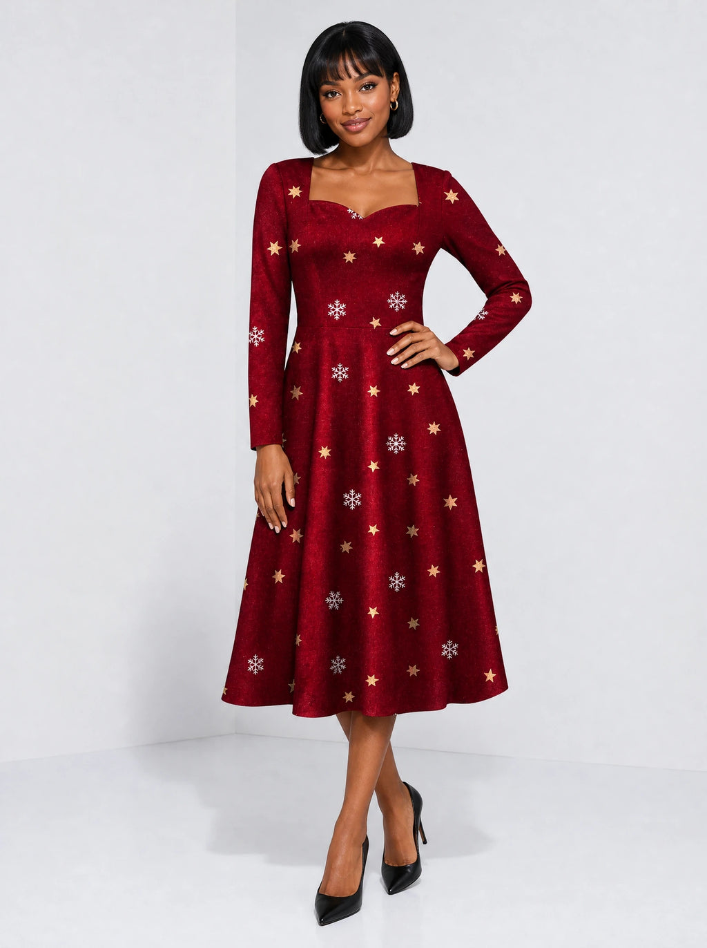 "Heko" Long Sleeve Sweetheart Midi Dress — front view on model
