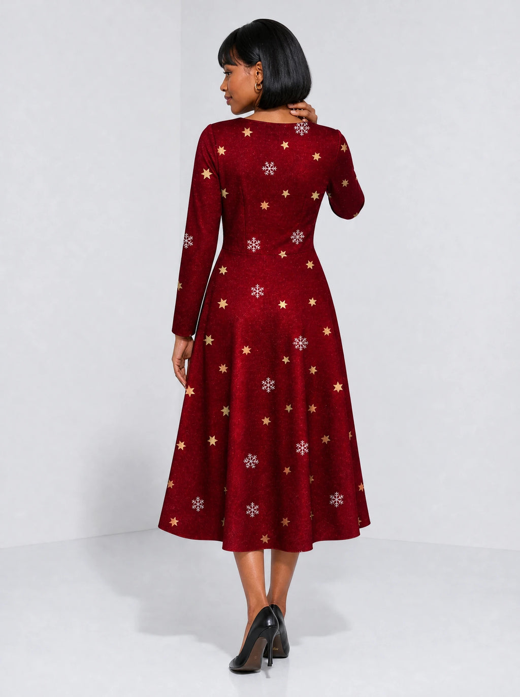 "Heko" Long Sleeve Sweetheart Midi Dress — back view on model
