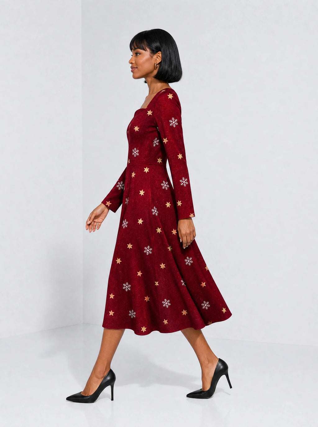 "Heko" Long Sleeve Sweetheart Midi Dress — side view on model