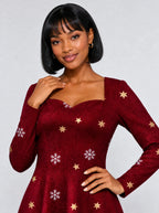 "Heko" Long Sleeve Sweetheart Midi Dress — print close-up on model